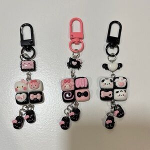 Cute Sushi-Themed Keychain Set - Black, Pink, White 3pcs